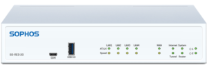 Sophos SD-RED 20 remote Ethernet device front panel with LAN, WAN, internet, system, and USB 3.0 ports.